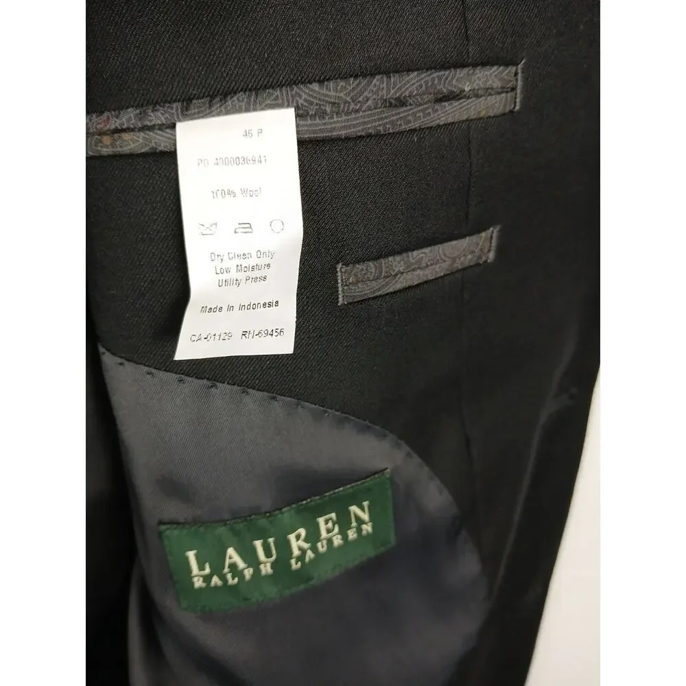 Lauren Ralph Lauren Suit Jacket Men’s 46R Solid Black Wool Blazer Black RN69456